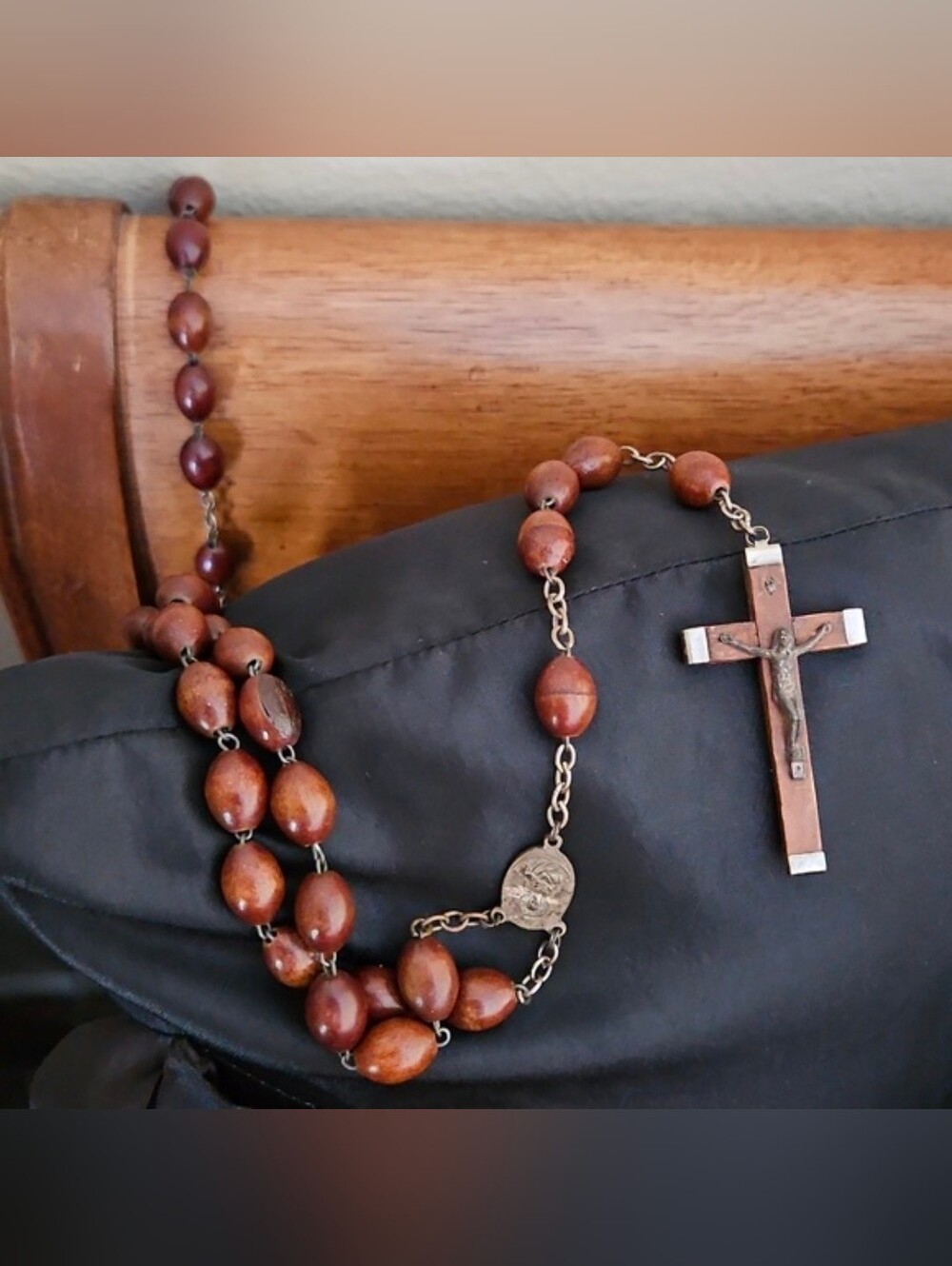 Wood Beaded Bed Rosary with Silver Tone Crucifix - Italy - Antique
